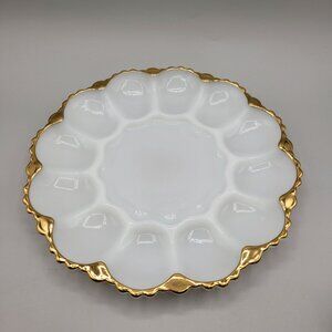 Anchor Hocking Fire King Deviled Egg Platter Plate Milk Glass Round Gold Trim